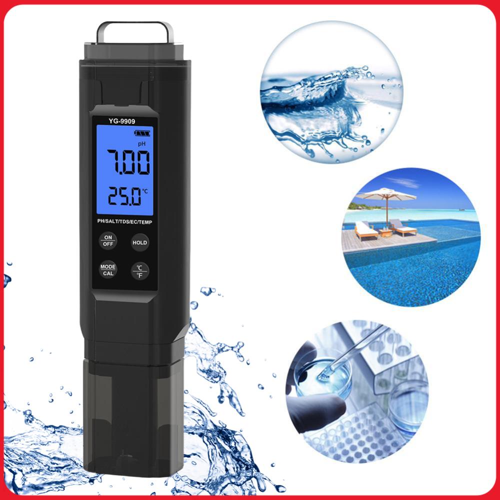 Ph Meter Digital Water Tester - 5 ใน 1 เครื่องทดสอบคุณภาพน้ำแบบดิจิตอล TDS/EC/อุณหภูมิ/ความเค็ม/เครื่องวัดค่า PH